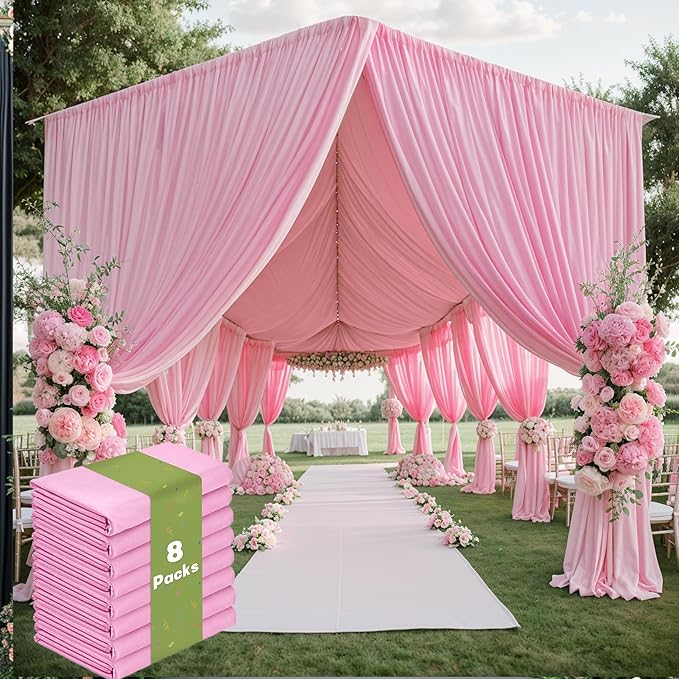 8 Panels 5x20ft Pink Ceiling Drapes for Wedding Parties, Wrinkle Free Ceiling Curtains Thick Polyester 20 ft Long Canopy Tent Draping Fabric Arch Drapery for Birthday Banquet Big Party Events