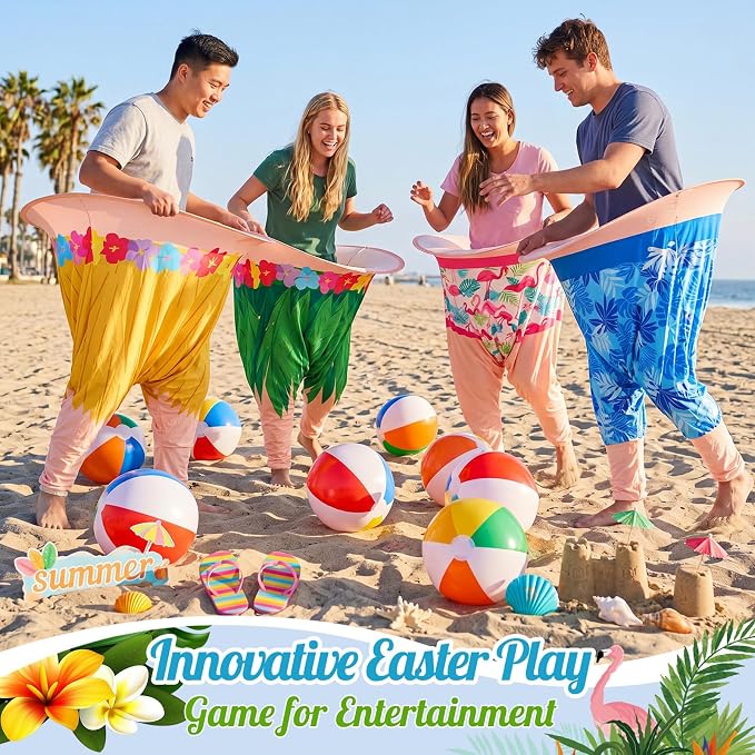 21 Pcs Hawaiian Luau Party Game Set, 4 Summer Theme Giant Granny Pants with 1 Pump 12 Beach Balls & 4 Funny Tropical Palm Flamingo Glasses, Outdoor Tossing Activity for Family Adults