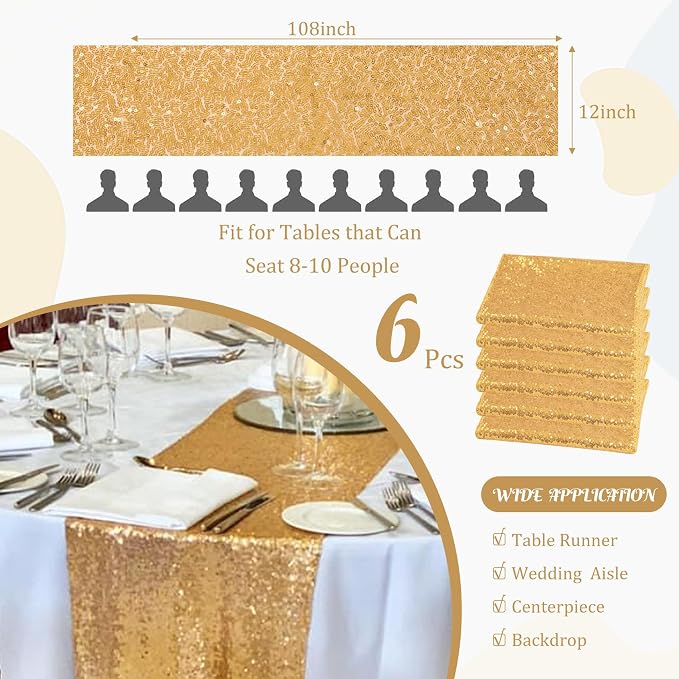 6 Pack Sequin Table Runner Sequin Table Cloths 12" x 108" Sparkle Table Runner for Baby Bridal Shower Wedding Birthday Party Table Decor (Champagne Gold)