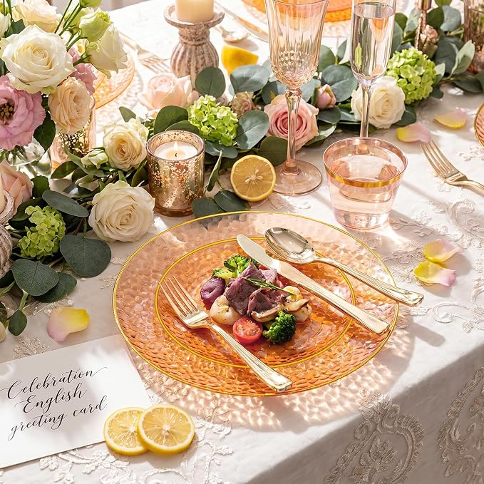 Rubtlamp 175 Pcs Plastic Dinnerware Set (25 Guests), Orange And Gold Plastic Plates, Hammered Party Plates Set Include Dinner Plates, Dessert Plates, Cups&Cutlery Set And Napkins for Wedding And Party