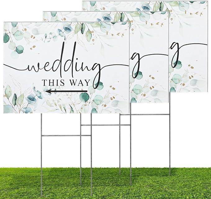 3 Pack 17''×12.5'' Wedding This Way Signs Double Sided Printed Wedding Directional Parking Sign with Stakes for Ceremony Reception Lawn Yard Arrow Signs Plastic Rainproof Party Supplies,Green Leaf
