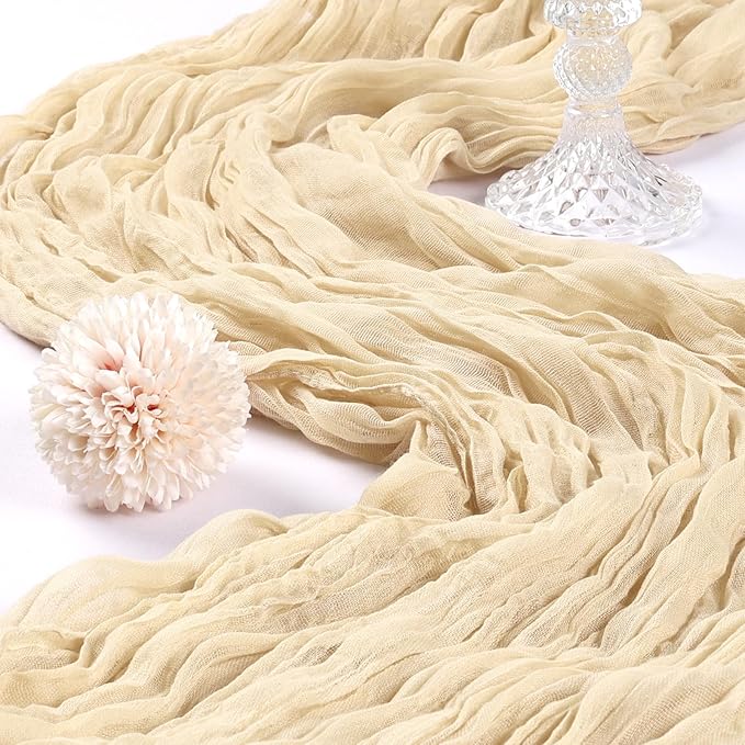 12 Pack 10FT Beige Cheesecloth Table Runner 120 Inch Long Gauze Rustic Boho Spring Cheese Cloth Table Runner Sheer Fabric Decorations for Holiday Party Wedding Banquet Bridal Baby Shower Décor