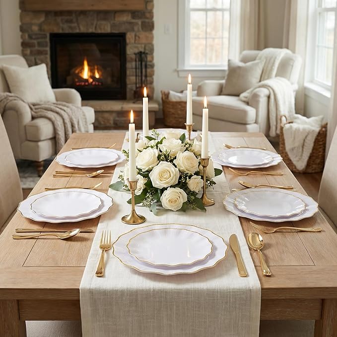 U-QE 150PCS White and Gold Plastic Plates with Gold Disposable Silverware for 30 Guests, Vintage White Plastic Plates Include 30 Dinner Plate,30 Dessert Plate,90 Cutlery for Bridal Shower, Party