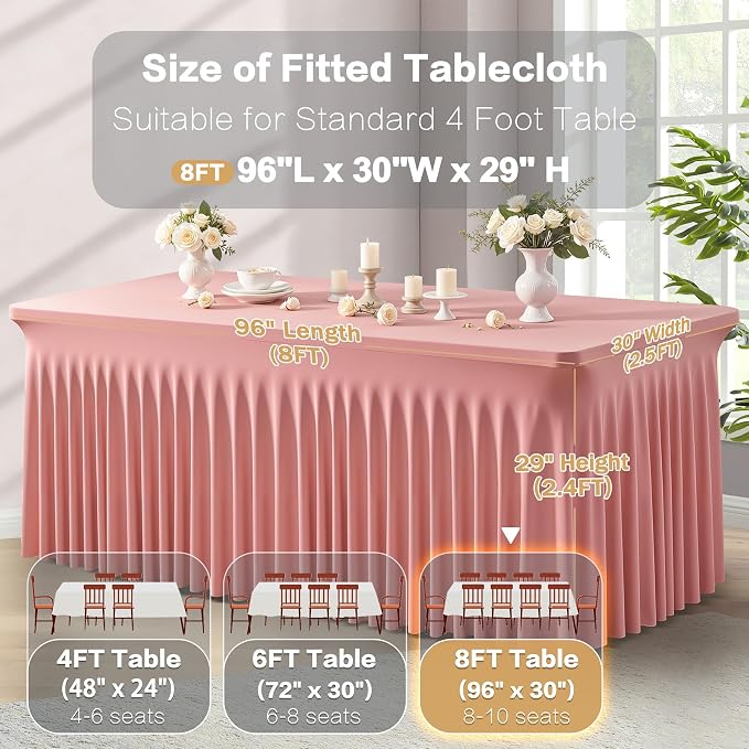 6 Packs Dusty Rose Spandex Table Cloths 8 Foot, Fitted Stretch Table Cover with Skirts 30x96 Inch, Wrinkle-Free Floor Length Tablecloths Rectangular for Weddings Parties Banquets Events Decorations