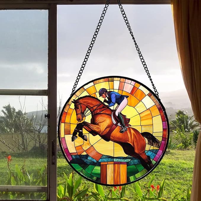DASTOLL Stained Glass Window Hanging Equestrian Sports Large 15" - Horse Suncatcher Door Garden Sunroom Sun Catcher Home Decor Birthday Christmas for Mom Men Woman Nana