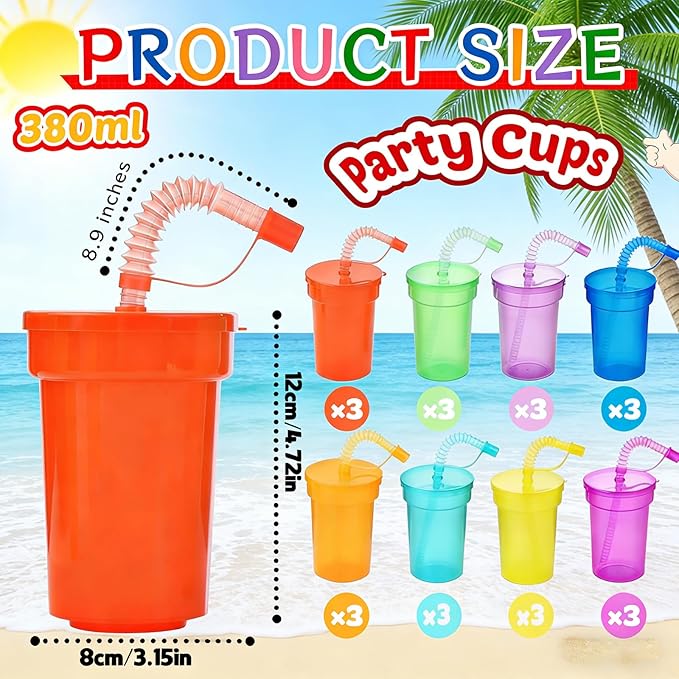 Haundry 24 Pack Kids Party Cups with Lids and Straws, Colorful Plastic Sipper Party Favor Cups for School Events and Birthday Celebrations Supplies, Neon Colors