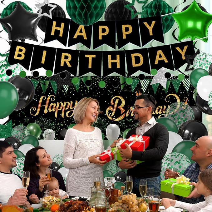Green Black Birthday Decorations, Happy Birthday Banner, Backdrop, Balloons, Honeycomb Balls, Star Foil Balloons, Stars Hanging Swirls & Cake Topper for Baby Boys Girl Men Women Birthday Decoration