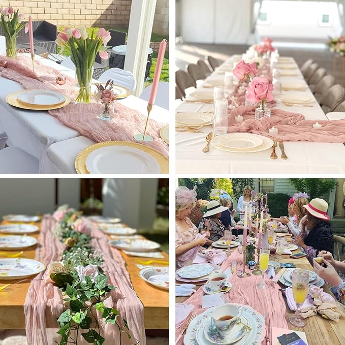 3 Pack Dusty Pink Cheesecloth Table Runner 35x120inch, 10FT Spring Summer Gauze Fabric Pink Table Runner Rustic Sheer Cheese Cloth Runners for Wedding Bridal Shower Boho Table Decor