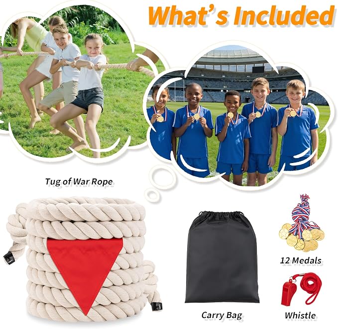 Tug of War Rope for Kids & Adults - 1in x 45ft Soft Cotton Outdoor Pulling Rope with Flag for Team Building Activities Field Day Family Reunions Birthday Parties Camping Games - Beige