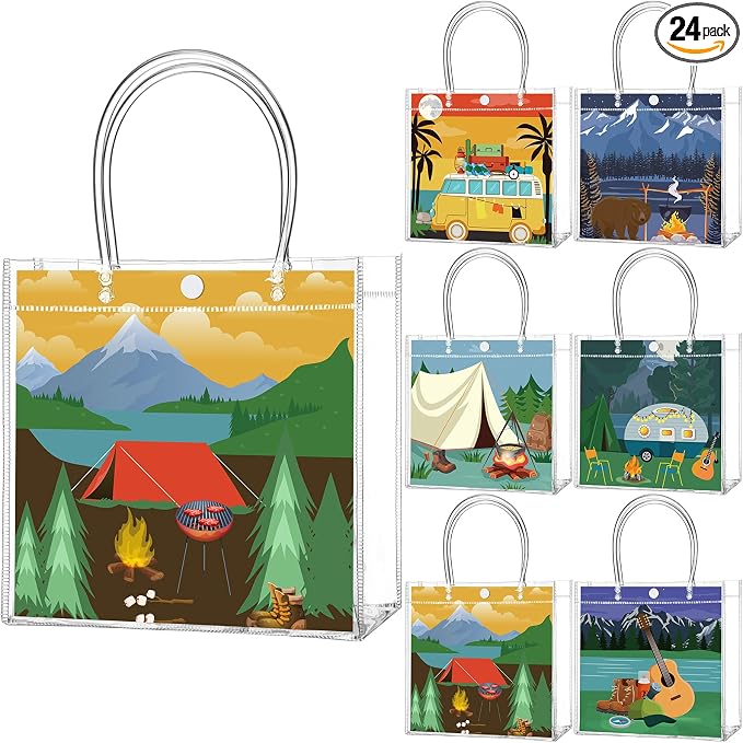 Teenyyou 24 Pcs Camping Theme Clear Gift Bags with Handles Outdoor Adventure Transparent Tote Bags Reusable PVC Gift Container for Camping Theme Party, Bridal Shower, Birthday Party Favors