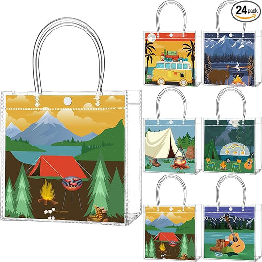 Teenyyou 24 Pcs Camping Theme Clear Gift Bags with Handles Outdoor Adventure Transparent Tote Bags Reusable PVC Gift Container for Camping Theme Party, Bridal Shower, Birthday Party Favors