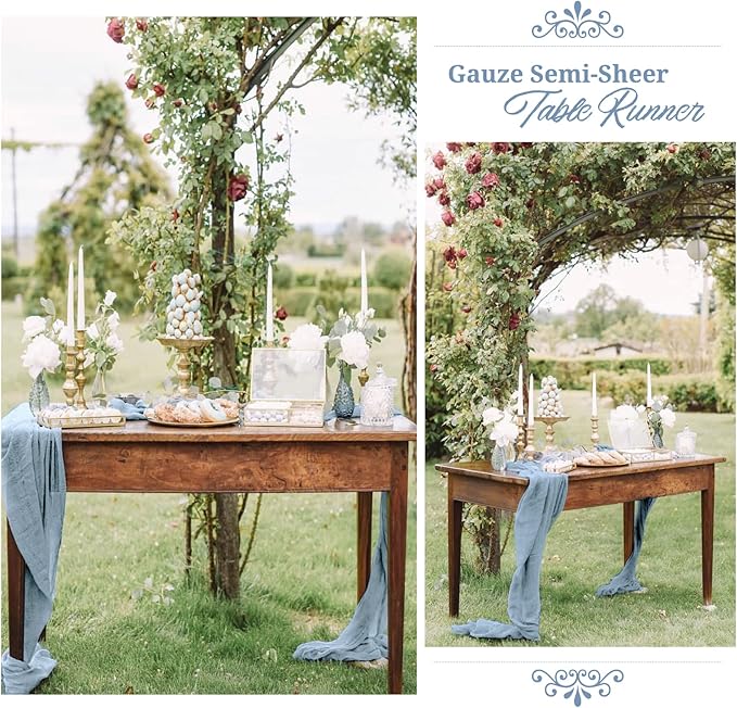Showgeous 10 Pack Dusty Blue Cheesecloth Table Runner, 10FT Long Semi-Sheer Boho or Rustic Gauze Table Runner Wedding Table Decor for Wedding Arch Draping Bridal Shower Holiday Party