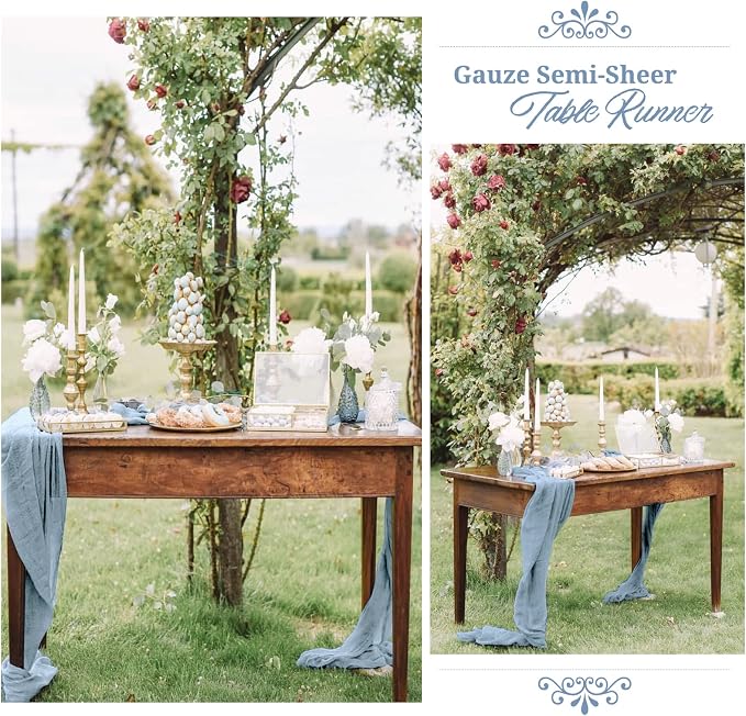Showgeous 10 Pack Dusty Blue Cheesecloth Table Runner, 10FT Long Semi-Sheer Boho or Rustic Gauze Table Runner Wedding Table Decor for Wedding Arch Draping Bridal Shower Holiday Party
