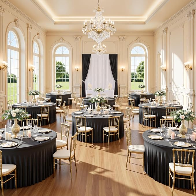 8 Pack Black Round Spandex Tablecloths for 60 inch Table, Wrinkle-Free Stretchy 5FT Fitted Round Table Covers with Skirt for Wedding Birthday Graduation Party Banquet Events
