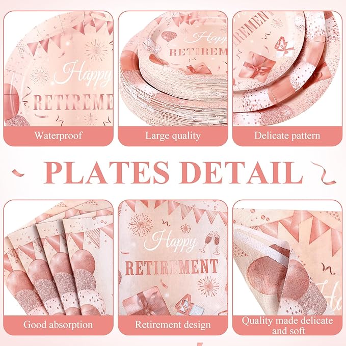Funnymoom 452 Pcs Retirement Party Decorations for Women, Rose Gold Happy Retirement Paper Plates Napkins Cups Tablecloth Cutlery Straws for Women Say Goodbye Party Supplies, Serves 50 Guests