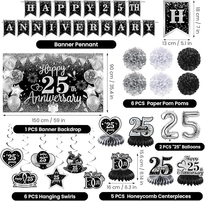 25th Wedding Anniversary Decorations Black Silver Happy 25th Anniversary Banner Backdrop Honeycomb Centerpiece Hanging Swirls Pom Poms for 25 Years Silver Wedding Party Decorations Supplies