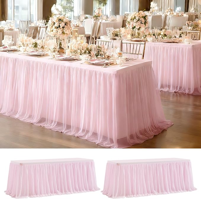 2 Pack Pink Tulle Tablecloth Table Skirt for 6 Foot Rectangle Tables, Baby Shower Table Cloths Ruffle Tutu Table Skirt Stretch Fitted Table Covers for Wedding Girl's Birthday Princess Themed Parties