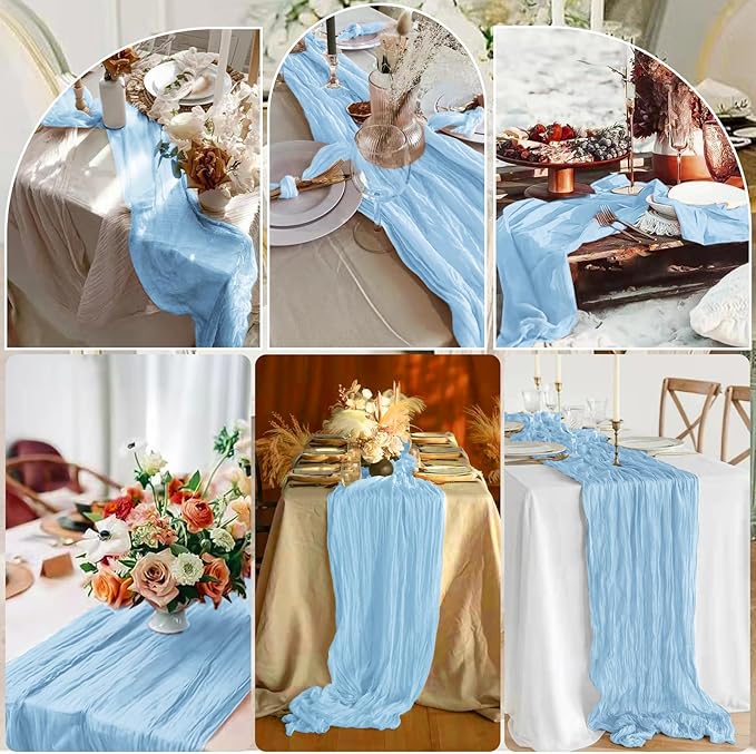 10 Pcs Baby Blue Cheesecloth Table Runner 10FT, Gauze Table Runner for Wedding Reception Sheer Bridal Shower Birthday Party Boho Table Decoration, Rustic Romantic Wedding Runner