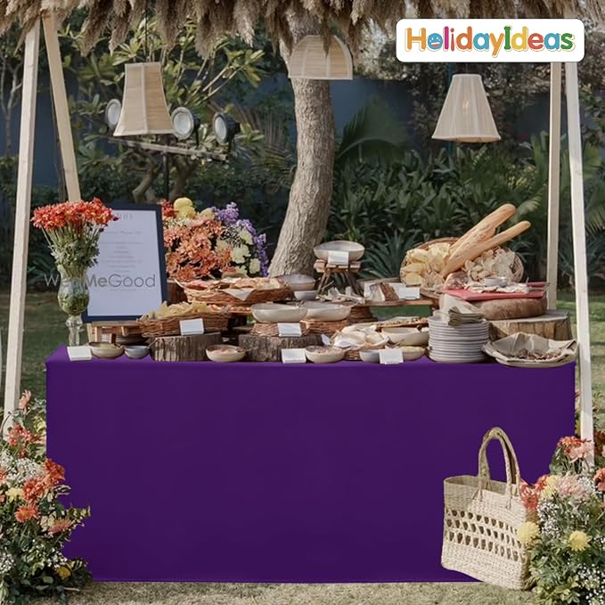 HolidayIdeas 4-Pack 8ft Open Back Fitted Tablecloths for Craft Shows Purple | 3-Sided coverage wrinkle resistant tablecloths for vendor booths,banquet events,outdoor pop-up shop