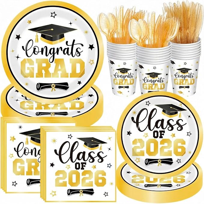 Funnymoom 400 Pcs Graduation Party Supplies Class of 2026 Graduation Paper Plate Napkin Cup Cutlery Congrats Grad Disposable Tableware Set for Grad Party Decorations, Serve 50 (Gold, Black)