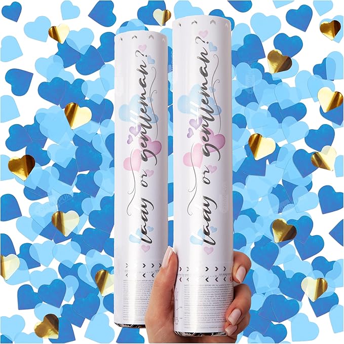 PrimePure Gender Reveal Confetti Cannon - Heart Shaped Confetti Poppers - Blue, 2 Pack - Baby Boy Gender Reveal Party Poppers - Blue Paper Baby Party Supplies Pop Gun