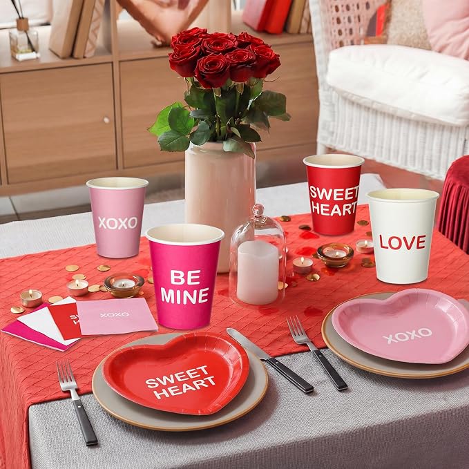 Maxcheck 196 Pcs Conversation Heart Party Supplies Valentine's Day Party Tableware Decorations Heart Disposable Paper Plates Napkins Cups for Valentine Anniversary Birthday Wedding, Serves 48 (Bright)