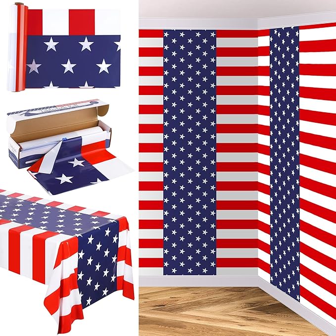 Kochorie 100 Ft x 54 Inch 4th of July Tablecloth Roll in Slide Cutter Box Disposable Plastic Table Cloths Cut to Size Independence Day Backdrop for Memorial Day Veterans Day Party Supplies
