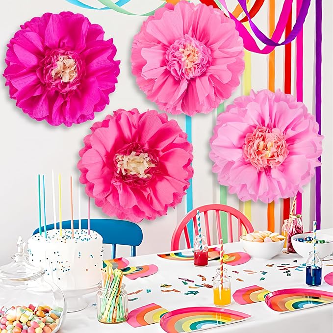 SUNBEAUTY 20" Giant Pink Paper Flowers 4 PCS Large Crepe Tissue Paper Flowers Pink Party Decorations for Girl Women Birthday Spring Garden Wedding Flower Backdrop Wall Bridal Shower Nursery