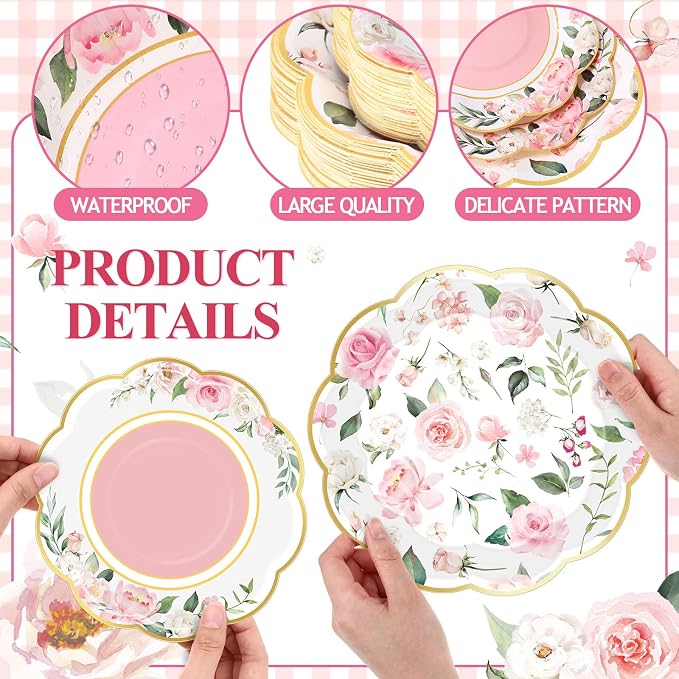 Funnymoom 200 Pcs Wild Floral Party Supplies Pink Flower Disposable Paper Dinner Dessert Plates Luncheon Napkins Beverage Napkins for Wedding Birthday Baby Shower Bridal Tea Party Serves 50 Guests