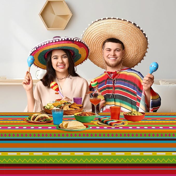 Kochorie 100 Ft x 54 Inch Mexican Fiesta Party Tablecloth Roll with Cutting Box Disposable Plastic Mexican Striped Table Cover Backdrop for Fiesta Taco Party Supplies