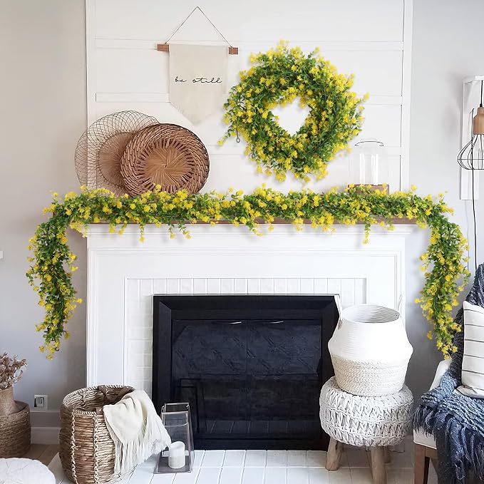 RECUTMS 3Pcs Hanging Garland Plants Artificial Eucalyptus Garland Fake Hanging Eucalyptus Leaf Garlands with Flowers Faux Vine Plants for Indoor Outdoor Spring Home Wall Arch Wedding Decor(Yellow)