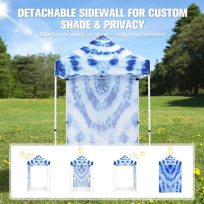 EAGLE PEAK Pop up Canopy 5x5, Outdoor Portable Canopy Tent with One Removable Sunwall, Carry Bag Included, Tie Dye Blue