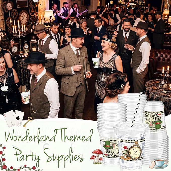 FoldTier 50 Pack Wonderland Themed Party Cups with Lids and Straws 12 oz Disposable Plastic Cups Retro Rabbit Pocket Watch Pattern Vintage Drinkware Supplies for Birthday Tea Party Baby Shower