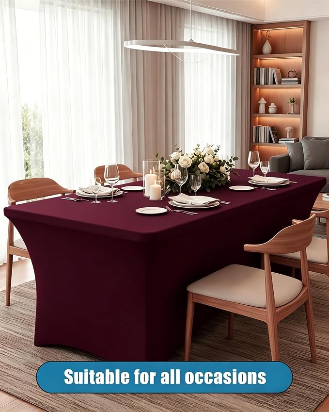 6FT Burgundy Table Cloth - 2 Pack Fitted Stretch Rectangle Spandex Tablecloth, Washable Table Cover for Party, Picnic, Wedding, Banquet, Birthday and Festival(30" x 72")