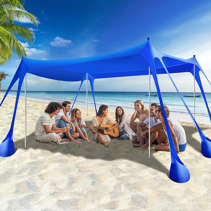 Rhino Valley Beach Tent, 10 x 13 FT Beach Shade UPF50+ Protection, Beach Canopy with 8 Sandbags 4 Stability Poles,Outdoor Beach Tent Sun Shelter Umbrella for Sand,Camping,Fishing Essentials, Indigo