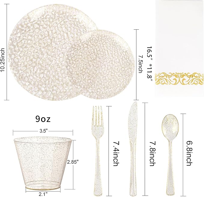 Rubtlamp 175 Pcs Gold Glitter Plastic Plates, Hammered Disposable Plates Set (25 Guests), Glitter Dinnerware Set Include 50 Plastic Plates, 75 Glitter Silverware, 25 Cups And 25 Napkins for Party