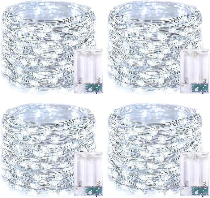 YEGUO Fairy Lights Battery Operated, 4 Packs Each 16ft 50 LED String Lights, Christmas Lights Indoor for Bedroom Wedding Party Holiday Gift(White)