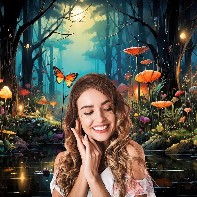 Fantasy Stream Backdrop Night Magical Forest Mushroom Tranquil Stream Photography Background Rainforest Jungle Tree Natural Landscape Backdrop Decors Luminous Mushroom Background Props 6x4ft