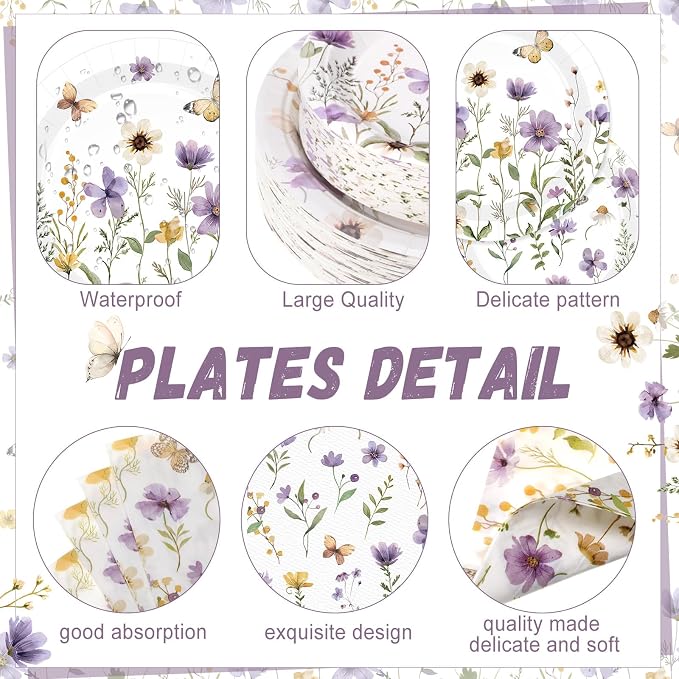Ziliny 250 Pcs Wildflower Party Decorations Include Spring Summer Floral Paper Plates Napkins and Cups for Wildflower Baby Shower Tea Decorations, Serve 50 Guest (Purple, Spring Style)