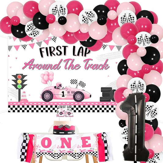 Race Car 1st Birthday Party Decorations Girls First Lap Around The Track Backdrop Banner Pink Black Balloon Garland Arch Highchair Banner Cake Topper 1 Foil Balloon for Lets Go Racing Party Decor