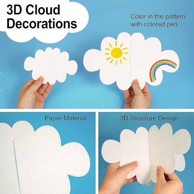 Ayfjovs 18 PCS 3D Cloud Decoration, Artificial Hanging Clouds for Ceiling, White Felt Ornaments for Art Stage, Wedding, Nursery, Children's Room, Baby Baptism Party