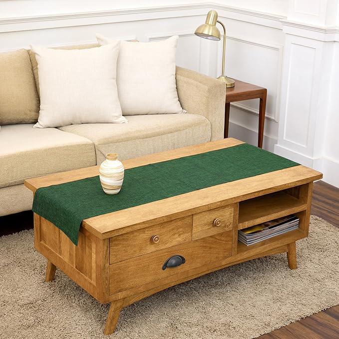 Solino Home Linen Small Table Runner 60 Inches - Athena, 100% Pure Linen Forest Green Table Runner 14 x 60 Inch Ideal for Dresser and Coffee Tables