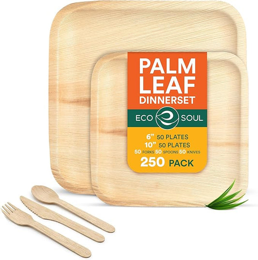 ECO SOUL Palm Leaf Like Bamboo Plates Combo Pack, 6 & 10 Inch, Square, 250 Pack, Party Plates Set Bamboo, Heavy Duty, Compostable, Biodegradable Disposable Wood Dinnerware for Appetizer & Dinner