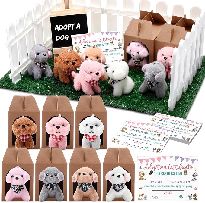 Blueweenly 84 Pcs Adopt a Pet Party Supplies 24 Mini Animals 10 White Plastic Fence 24 Paper Gift Boxes 24 Adoption Cards with Mini Chalkboard and Artificial Lawn(Dog)