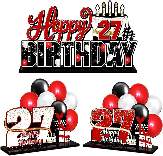 LINGTEER Happy 27th Birthday Red Acrylic Table Topper Centerpieces Set - Cheers to 27 Years Old Birthday 27th Bday Party Gift Decorations.