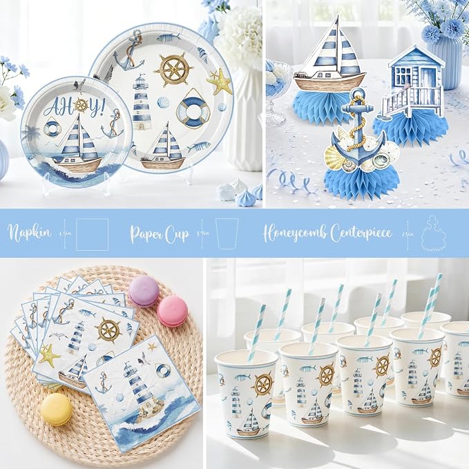 Xynic 205Pcs Ahoy Its a Boy Baby Shower Decorations Set - Serves 25 - All-in-One Nautical Party Decorations Kit with Balloons, Banner, Cake Topper, 350gsm Plates, Tablecloths, Backdrop
