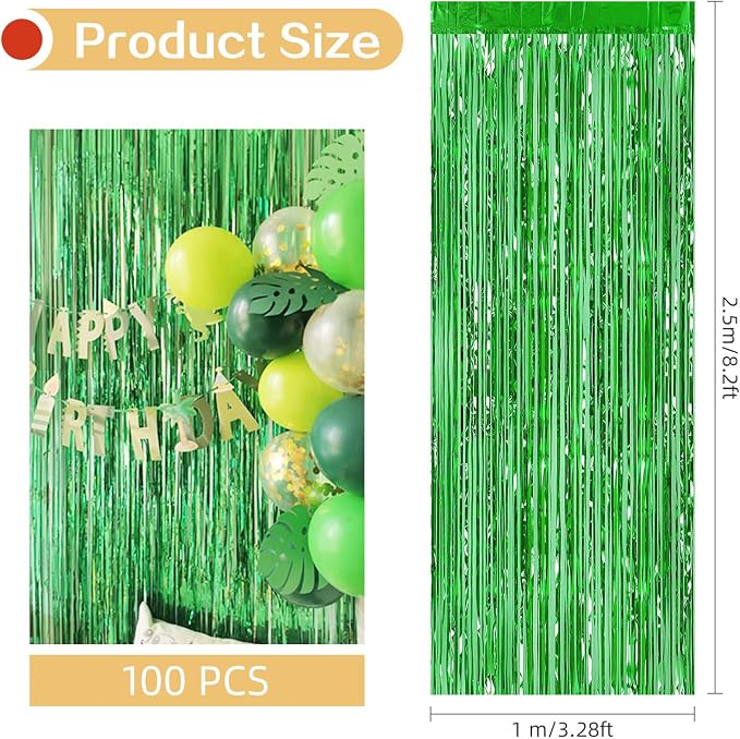 100 Pack Green Foil Fringe Backdrop Curtains 3.2ft x 8.2ft Tinsel Foil Fringe Curtains for Birthday Party Decorations Photo Booth Backdrop for Halloween Christmas New Year Holiday Decorations