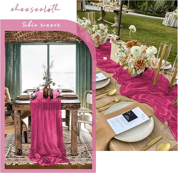 12 Pack 10Ft Hot Pink Cheesecloth Table Runner 35 x 120 inch Boho Gauze Cheese Cloth Table Runner Vintage Rustic Sheer Runners for Wedding Bridal Shower Birthday Party Cake Table Decorations