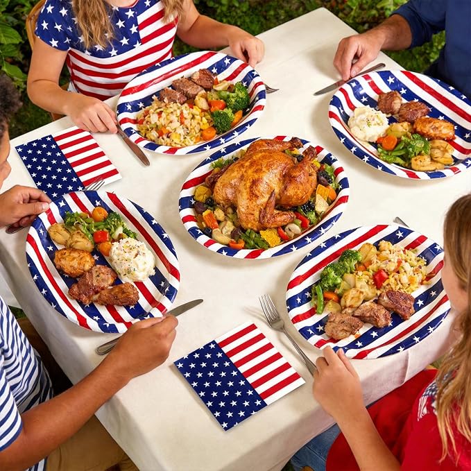 OuMuaMua 100 Pcs American Flag Patriotic Party Supplies, 12"x10" Oval Red White and Blue Paper Plates and Napkins Set, Heavy Duty Disposable Dinnerware for 4th of July, Independence Day, Veterans Day