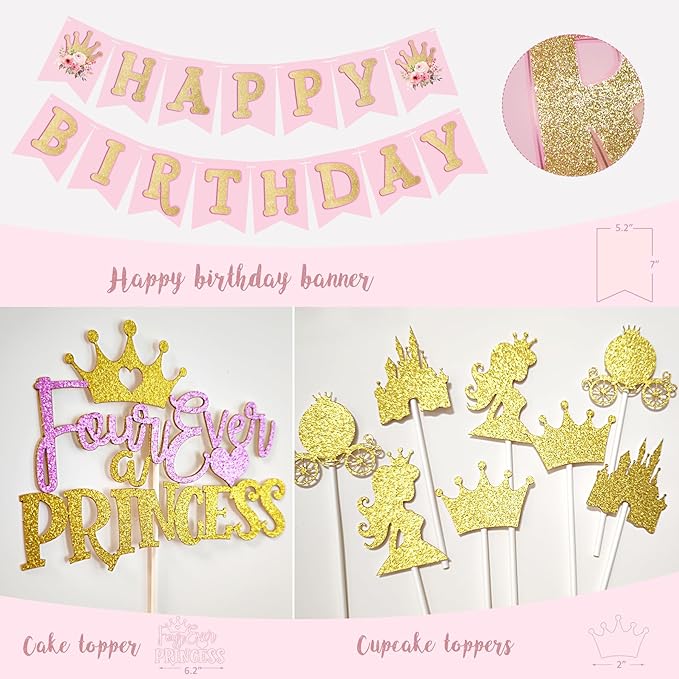Four Ever a Princess Birthday Decorations, Princess 4th Birthday Party Decoration Supplies, Balloon Garland Castle Balloon Tablecloth Backdrop Cake Topper